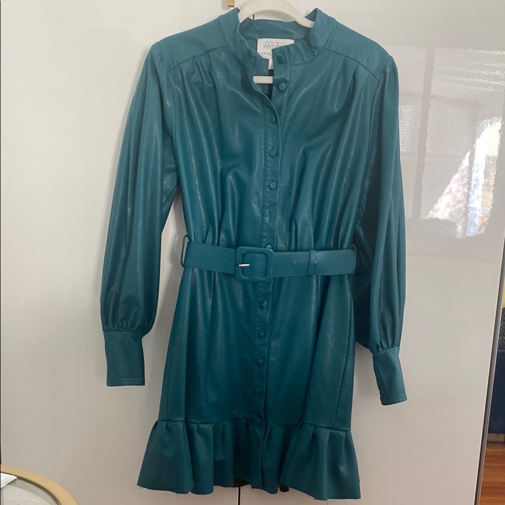 Teal Button-Up Belted Dress